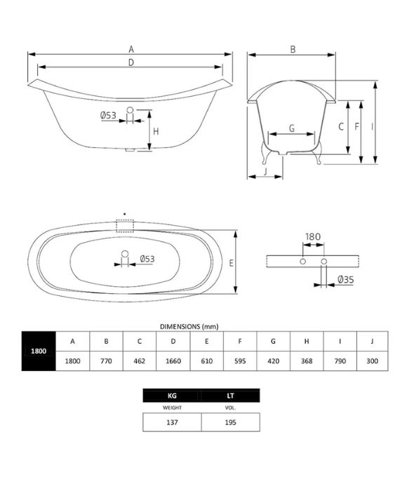 SHERATON DOUBLE ENDED SLIPPER BATH WITH LION FEET