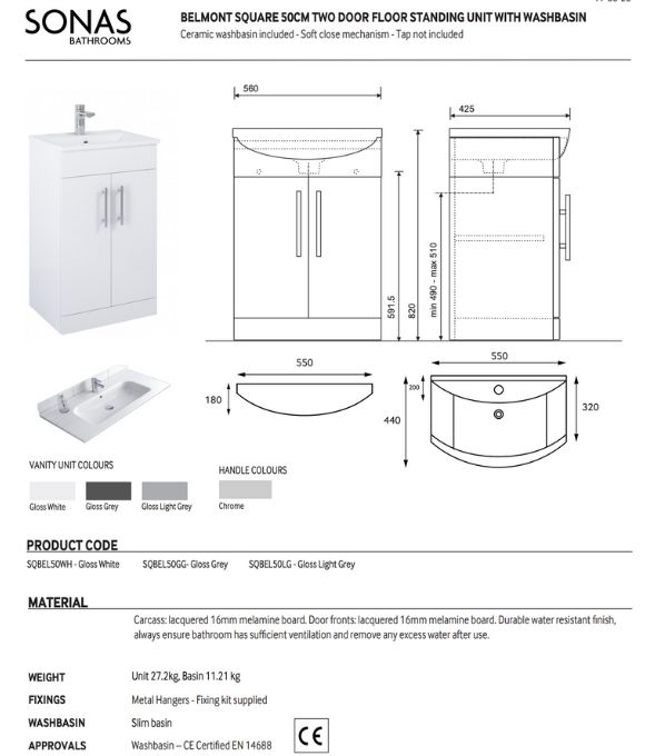 BELMONT SQUARE 2 DOOR FLOOR STANDING UNIT GLOSS WHITE