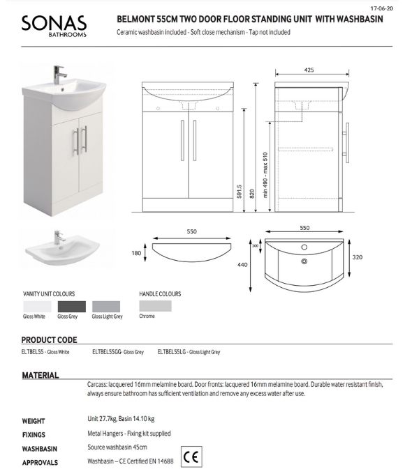 BELMONT 2 DOOR FLOOR STANDING UNIT GLOSS WHITE