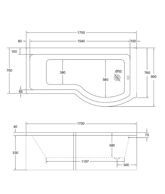 SONAS P SHAPE LEFT HAND SHOWER BATH