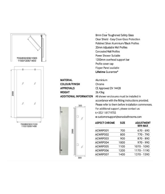 ASPECT CHROME WETROOM PANEL 900MM