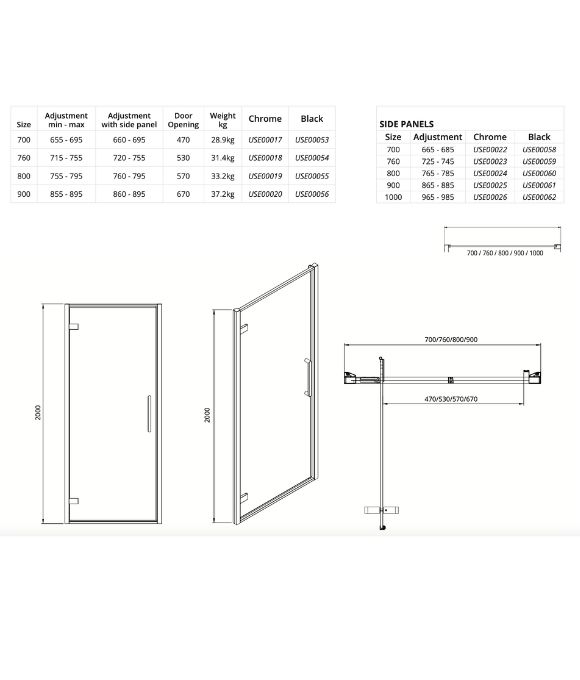 ASPECT CHROME HINGED DOOR 800MM