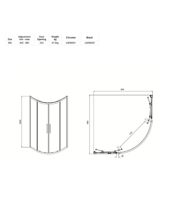 ASPECT CHROME TWO DOOR QUADRANT 900MM