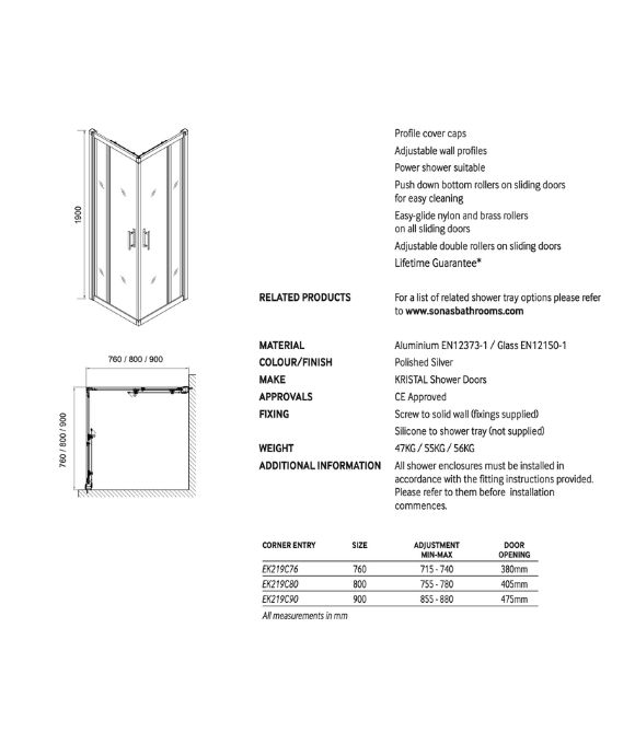 K2 CORNER ENTRY DOOR 760MM