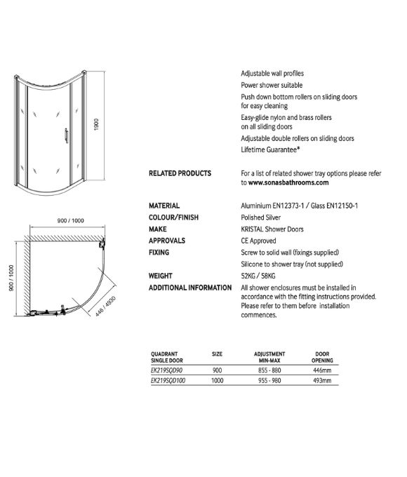 K2 SINGLE DOOR QUADRANT 900MM