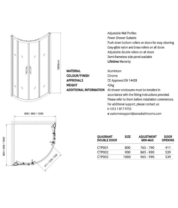 CITY PLUS DOUBLE DOOR QUADRANT 1000MM