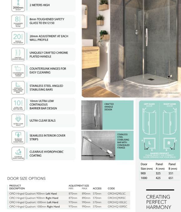 ORO HINGED QUADRANT DOOR 900MM