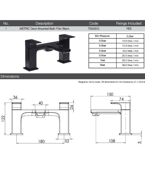 METRIC DECK MOUNTED BATH FILLER BLACK