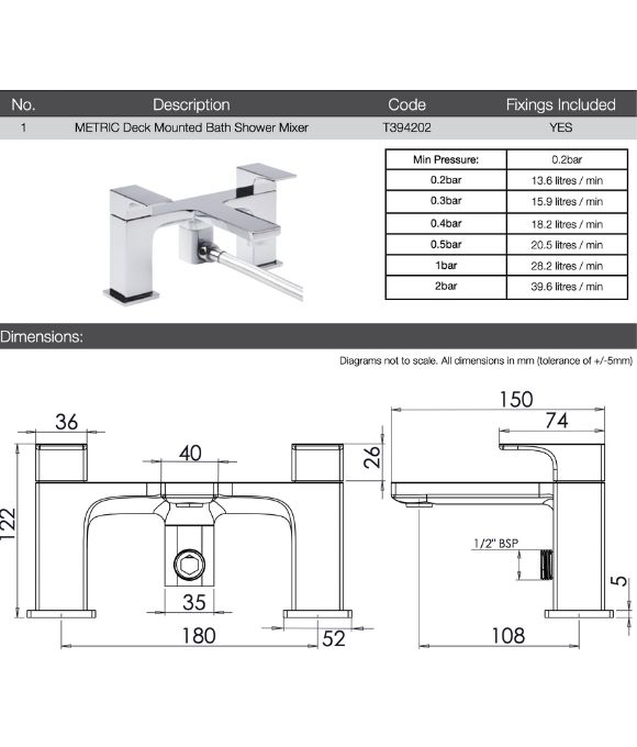 METRIC DECK MOUNTED BATH SHOWER MIXER CHROME
