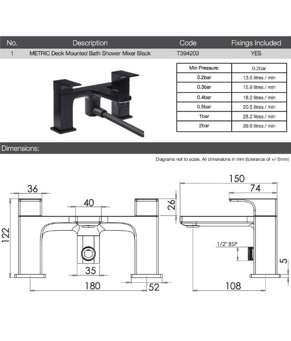 METRIC DECK MOUNTED BATH SHOWER MIXER BLACK