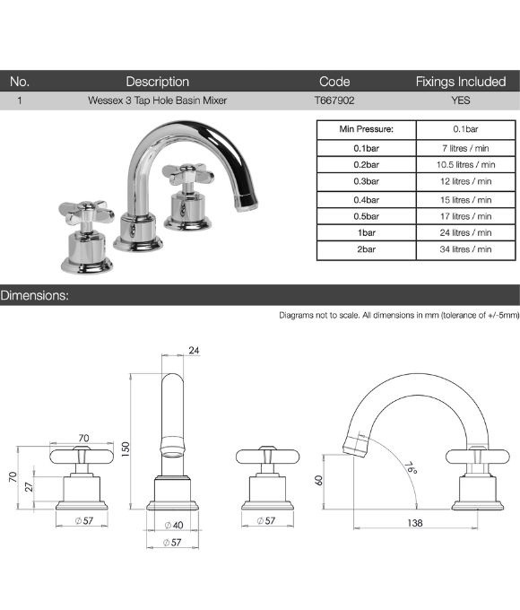 WESSEX THREE TAP HOLE BASIN MIXER