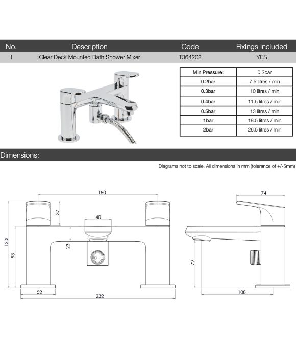 CLEAR DECK MOUNTED BATH SHOWER MIXER