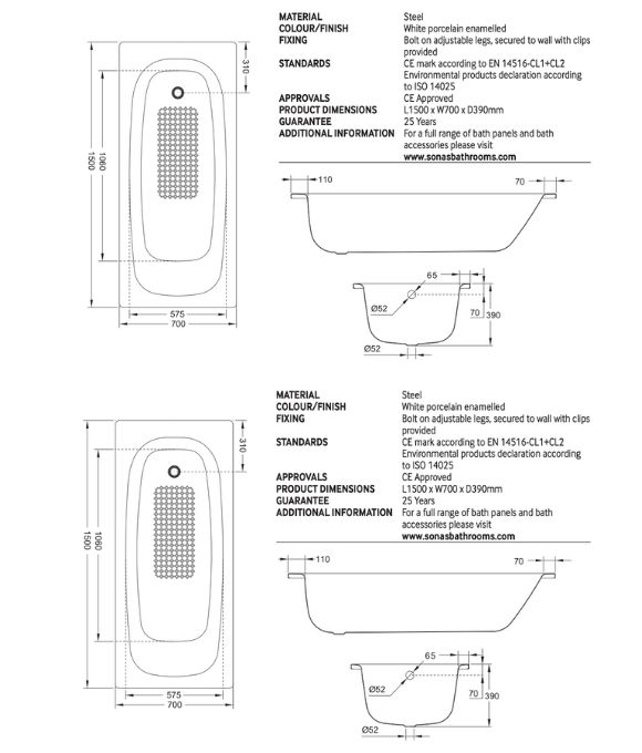 SONAS STRATA SINGLE ENDED BATH (GRIPS ONLY)