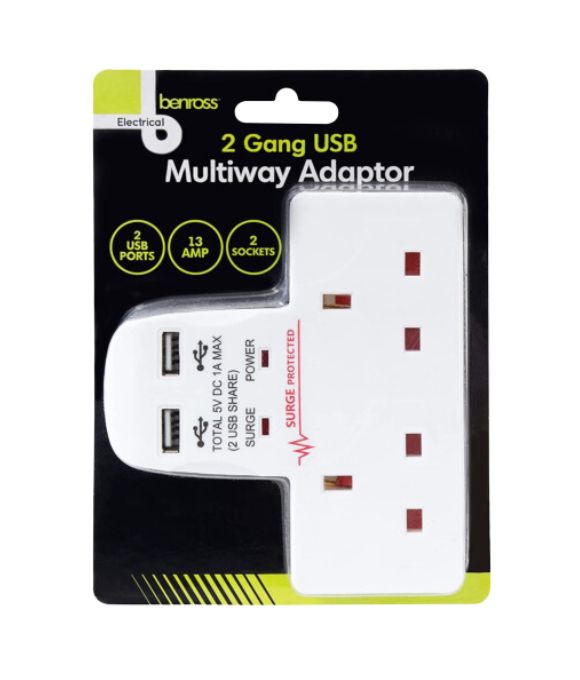BENROSS 2 GANG USB MULTIWAY ADAPTOR