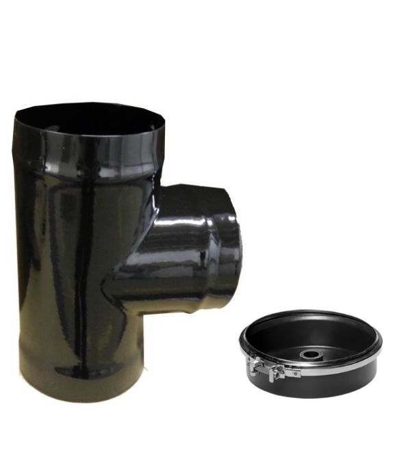 STOVE FLUE TEE BLACK ENAMEL 150MM WITH CAP & BRACKET