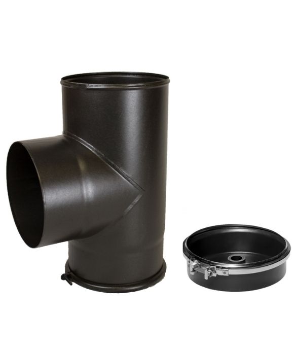 STOVE FLUE TEE MATT BLACK 150MM WITH CAP & BRACKET