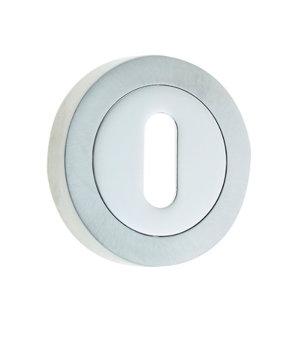 STANDARD KEY ESCUTCHEON ON ROUND ROSE POLISHED CHROME SATIN CHROME