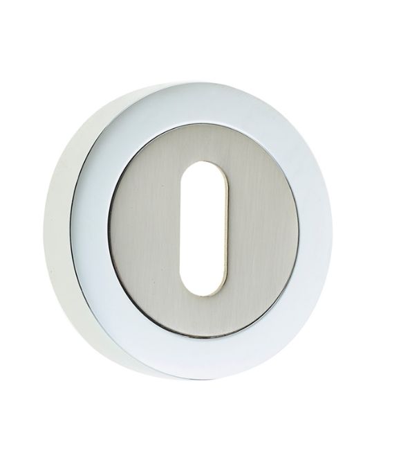 STANDARD KEY ESCUTCHEON ON ROUND ROSE POLISHED CHROME SATIN NICKEL